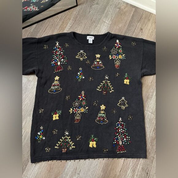 VTG VJ Woman Festive Christmas Sweater Black Colorful Embroidery Knit Size 2X - Picture 3 of 12